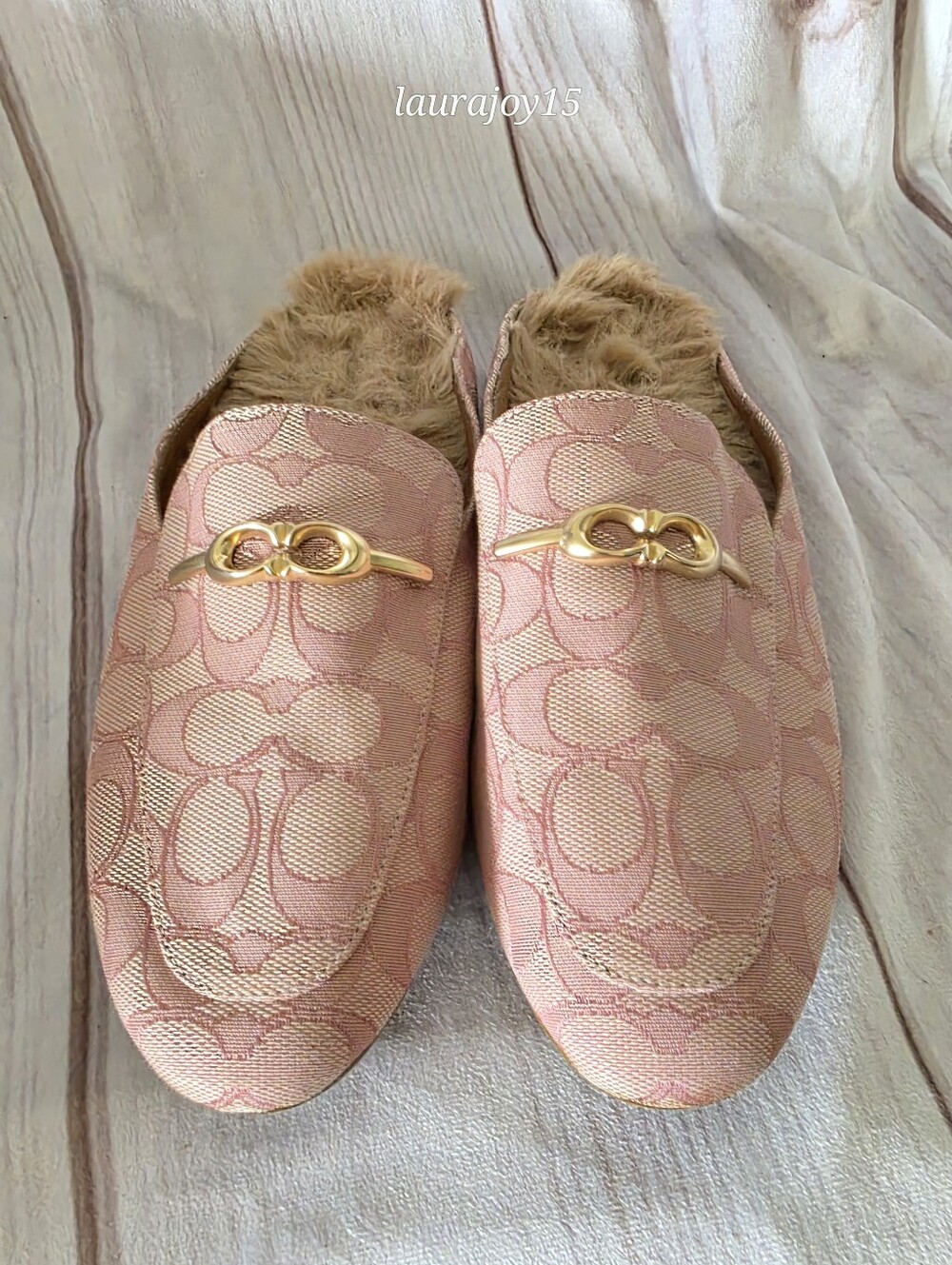 Coach Sienna Sherpa Slides Shoes Pink Signature Jacquard Gold Horsebit Womens 6 - Picture 2 of 10